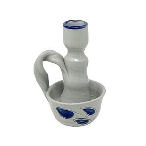 Williamsburg Pottery Speckled Grey Blue Chamberstick Candle Holder Stamped 4.75"